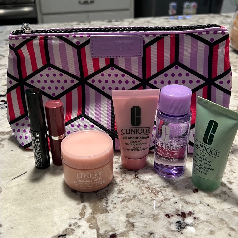 Clinique Skincare and Makeup Collection with Striped Geometric Bag
